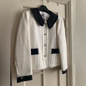 Zara XL Chanel style boucle jacket detachable collar rhinestone buttons